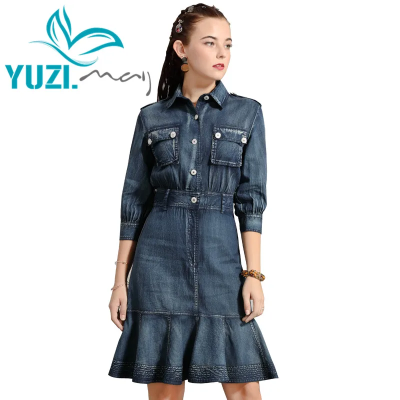 Женское платье Yuzi. may Boho, новинка, джинсовые женские платья с отложным воротником и оборками, с коротким рукавом, Vestidos A82195, Vestido Feminina