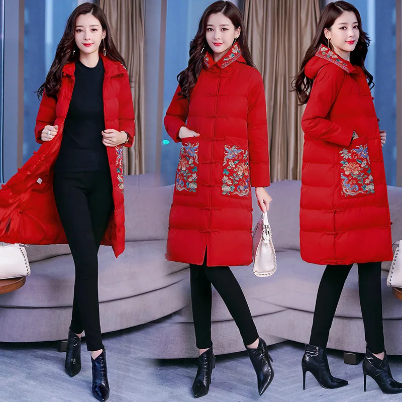 

2018 Winter New Style Ethnic-Style Embroidered Warm Cotton-padded Clothes WOMEN'S Coat Mid-length Frog WOMEN'S Dress Cotton-padd