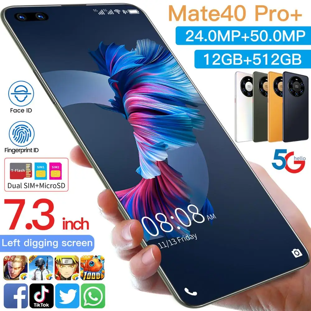 2021 New 7.3Inch Mate40 Pro+ Global Version Smartphone 12GB RAM 512GB ROM Cellphone 24+50MP 4G 5G Network 6000mAh Mobile Phone