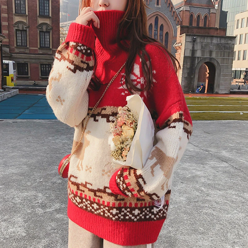 Christmas sweater clothes 2019 female new red deer head loose skin-friendly retro color matching autumn winter women S10 | Женская