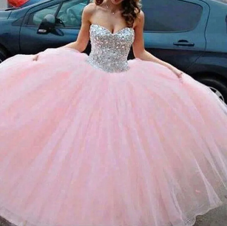 Glamorous Bling Pink Wedding Dresses 2015 Luxury Arabian Tulle Ball Gown Crystal Beads Bridal Dress Floor Length