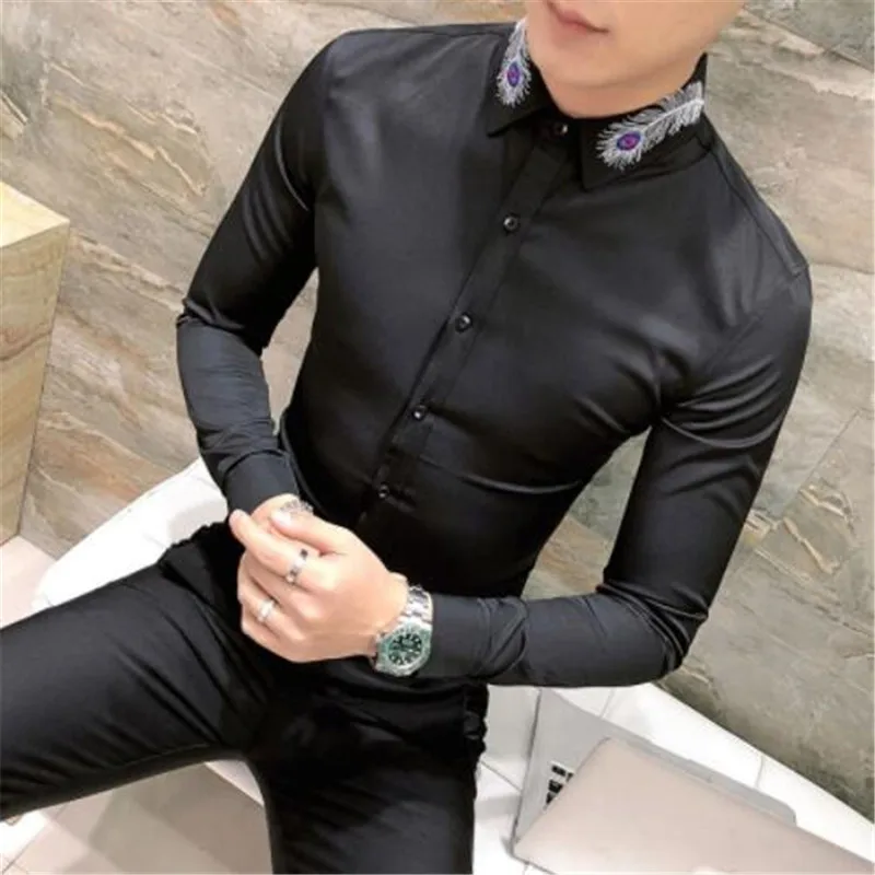Весенняя Корейская мужская рубашка с длинными рукавами Camisa Masculina, однотонная модная мужская рубашка с вышитыми перьями, Camisa Homem, черный цвет