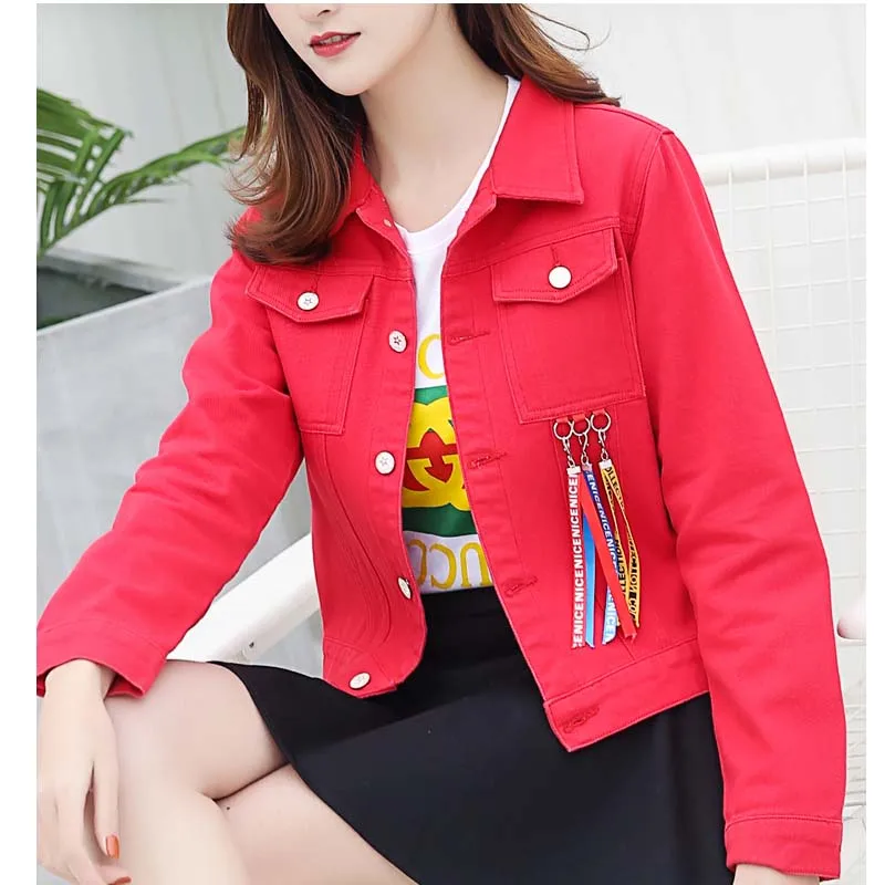 Women Autumn Wild Casual Red Single-breasted Long Sleeve Solid Plus Size Tassel Denim Jackets Coat Female Slim Tops Outerwear