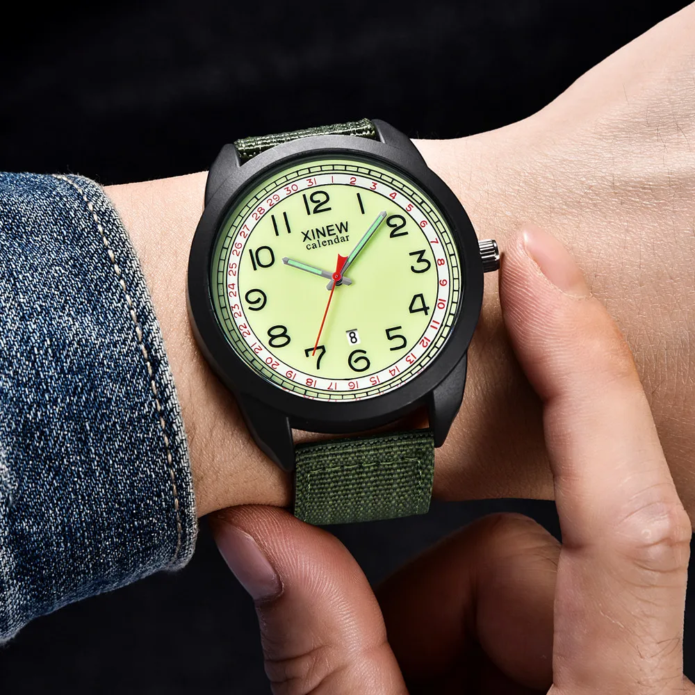 

Watches for Men XINEW Nylon Strap Simple Calendar Luminous Dial Outdoor Quartz Watch erkek kol saati herren uhren montres homme