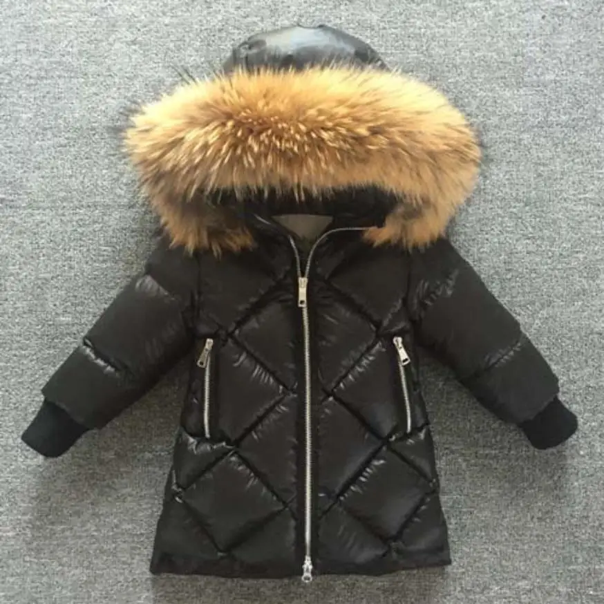 raccoon fur Зимние клетчатые пальто с воротником из натурального меха, с капюшоном, с длинным Куртки для мальчиков и девочек, утепленная куртка с хлопковой подкладкой парка Теплая одежда для детей, выдерживающая до-30 градусов, ws1027 - Цвет: raccoon fur