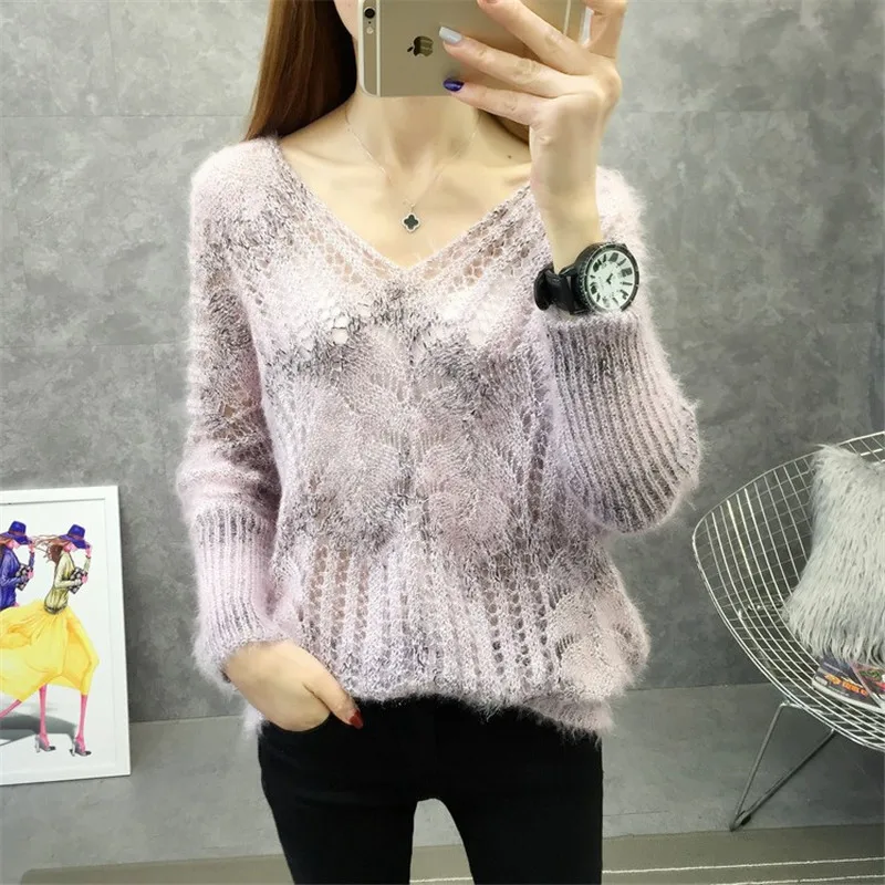 Fashion Sweater Short Hollow Kintting Shirt Women Autumn New V-neck Long Sleeve Loose Pullover Tops Listing | Женская одежда