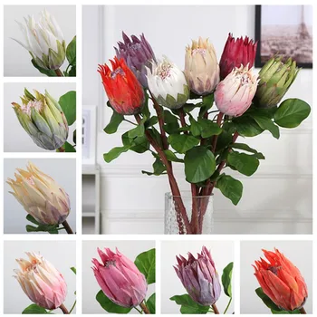 

6Pcs Fake Single Stem Protea Cynaroides 26.77" Simulation Monarch Flower Real Touch Leaf for Wedding Home Artificial Flowers
