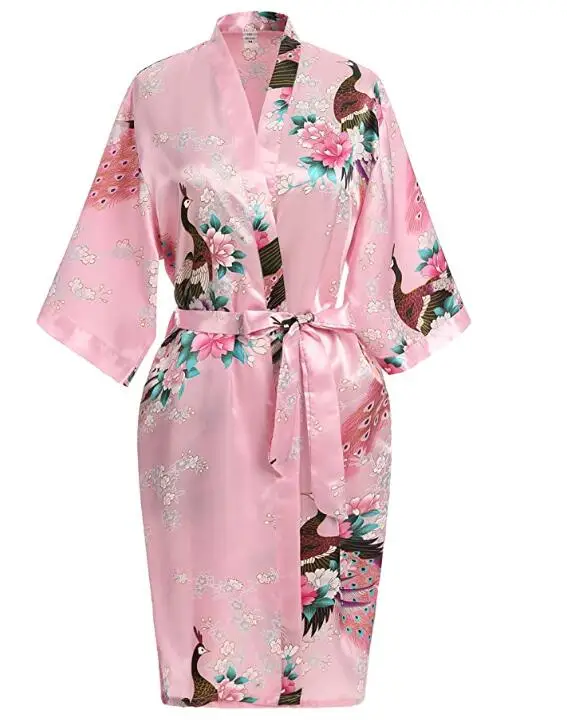 Silk Satin Wedding Bride Bridesmaid Robe Floral Bathrobe Short Kimono Robe Night Bath Fashion Dressing Gown For Women