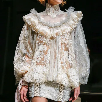 

New Beige Lace Panel loose stand collar Lantern Sleeve wrap hip short dress female