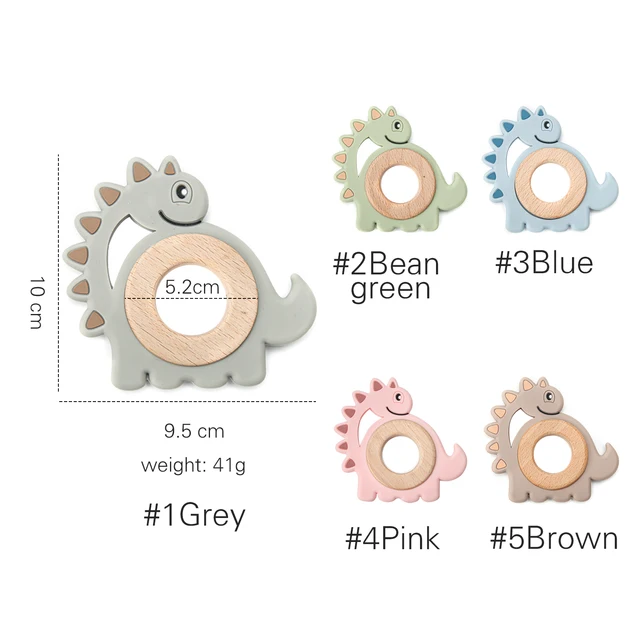 1PCS  New Animal Dinosaur Silicone Teether Beech Wooden Rattle Baby Oral Care Products Teether BPA-Free Teething Toys For Kids 2