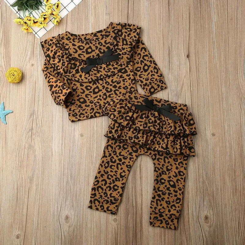 Pudcoco/осенняя одежда с леопардовым принтом для маленьких девочек топы с длинными рукавами и рюшами, футболка и штаны, комплект одежды