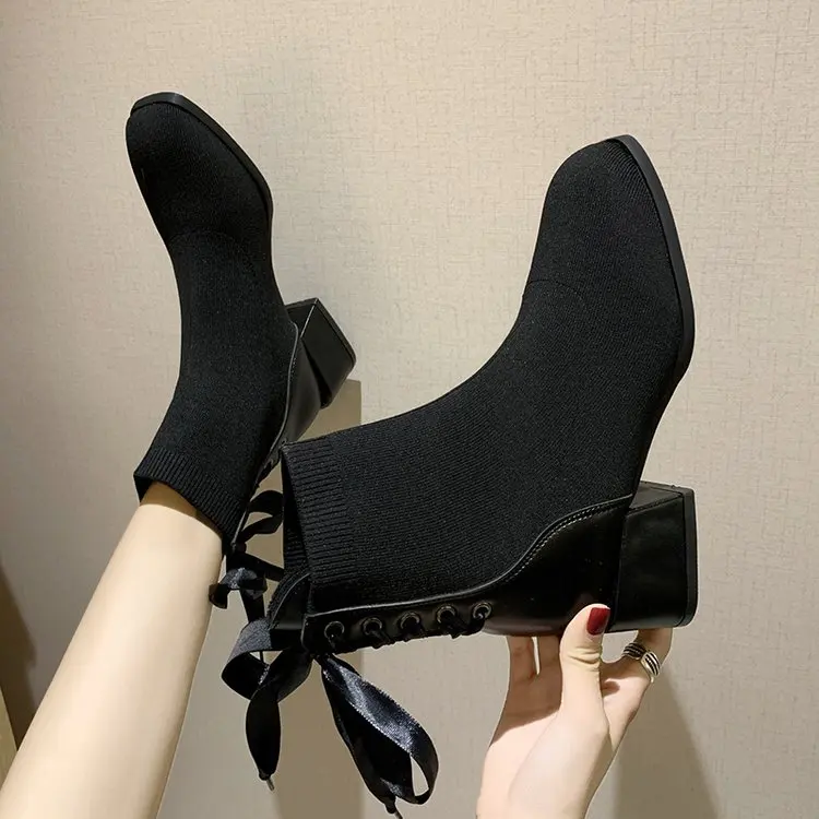 Women's Black Thick Mid Heel Short Ankle Boots Fashion Cute Sweet Bow Tie Solid Color Knit Socks Boots Casual Shoes New Listing