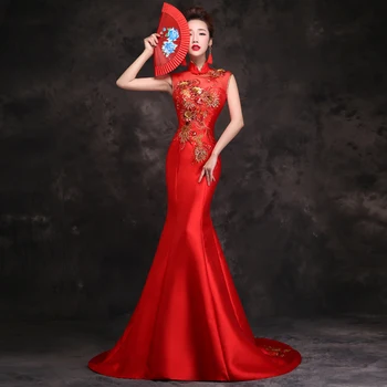 

Traditional Trailing Women Qipao Mandarin Collar Sleeveless Cheongsam Mermaid Slim Vestidos Bride Wedding Party Dress Size S-XXL