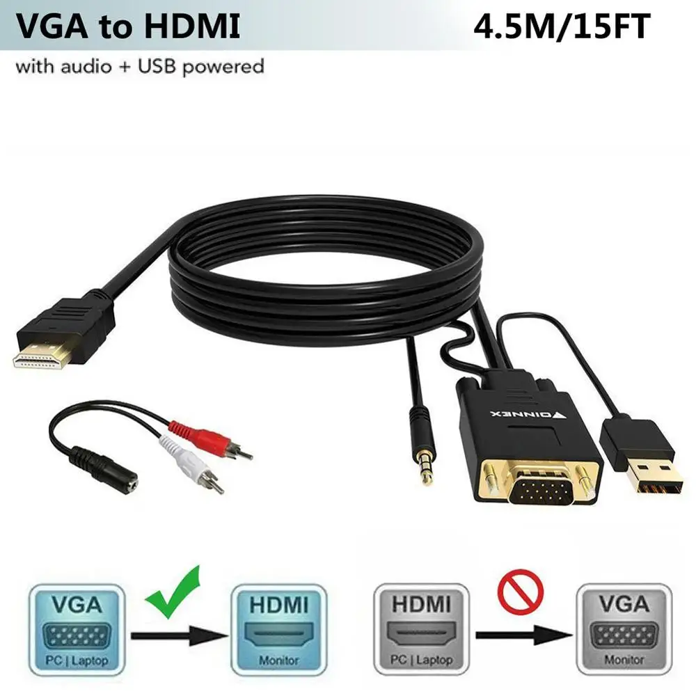 FOINNEX VGA to HDMI Cable 15FT/4.5M, 1080P VGA to HDMI Converter Cable VGA  Computer/Laptop to HDMI Monitor/TV, VGA Male to HDMI Male Adaptador Cord