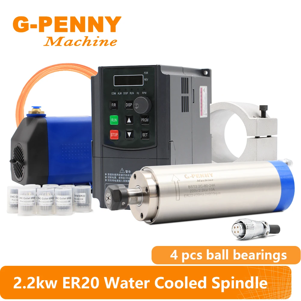 220v/380v CNC ER20 80mm Water Cooled 4pcs bearings spindle 2.2kw Frequency Driver VFD with clamping bracket water pump! | Инструменты