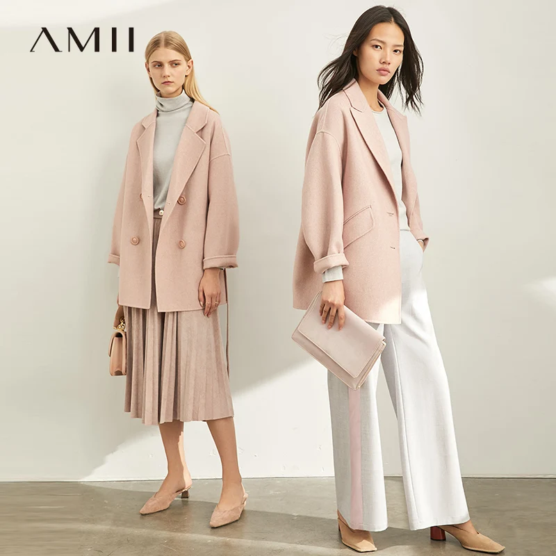 

Amii Minimalist Wool Coat Elegant Office Lady Solid Loose Lapel Suit Female Wool Jackets Overcoat 11920247