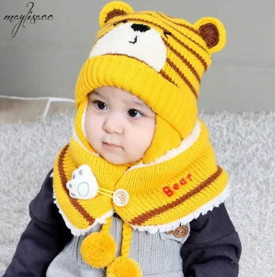 Hat and Scarf for Girls Boys Babies New Winter Knitted Warm Suit Striped Tiger Hat Scarf Baby Suit Hat and Snood Set