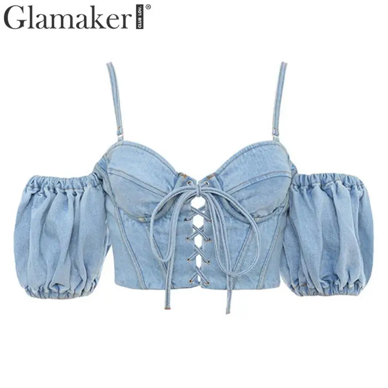Glamaker Сексуальная джинсовая женская блузка Женский Топ Женская кружевная элегантная рубашка с пышными рукавами осенняя синяя Зимняя Блузка укороченная рубашка