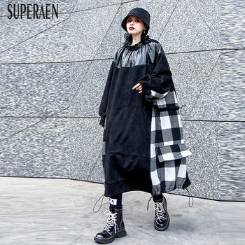

SuperAen Europe Parkas Coat Female Autumn and Winter 2019 New Pluz Size Loose Parkas Coat Women Woolen Stitching Women Clothing