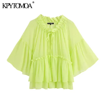 

KPYTOMOA Women 2020 Fashion Ruffled See Through Blouses Vintage O Neck With Adjustable Ties Half Sleeve Female Shirts Chic Tops