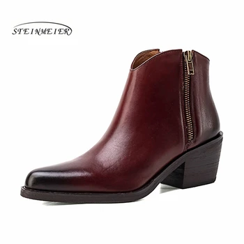 

Winter Boots Women Genuine Leather Ankle ladies Point toe Short Boots Slip on Zipper Shoes 2020 Black Woman Thick Heel Boots