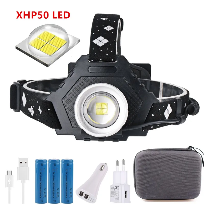 

BORUiT XHP50 LED Headlamp 5-Mode Zoom Headlight 4000LM High Power Flashlight 18650 Rechargeable Camping Hunting Head Torches