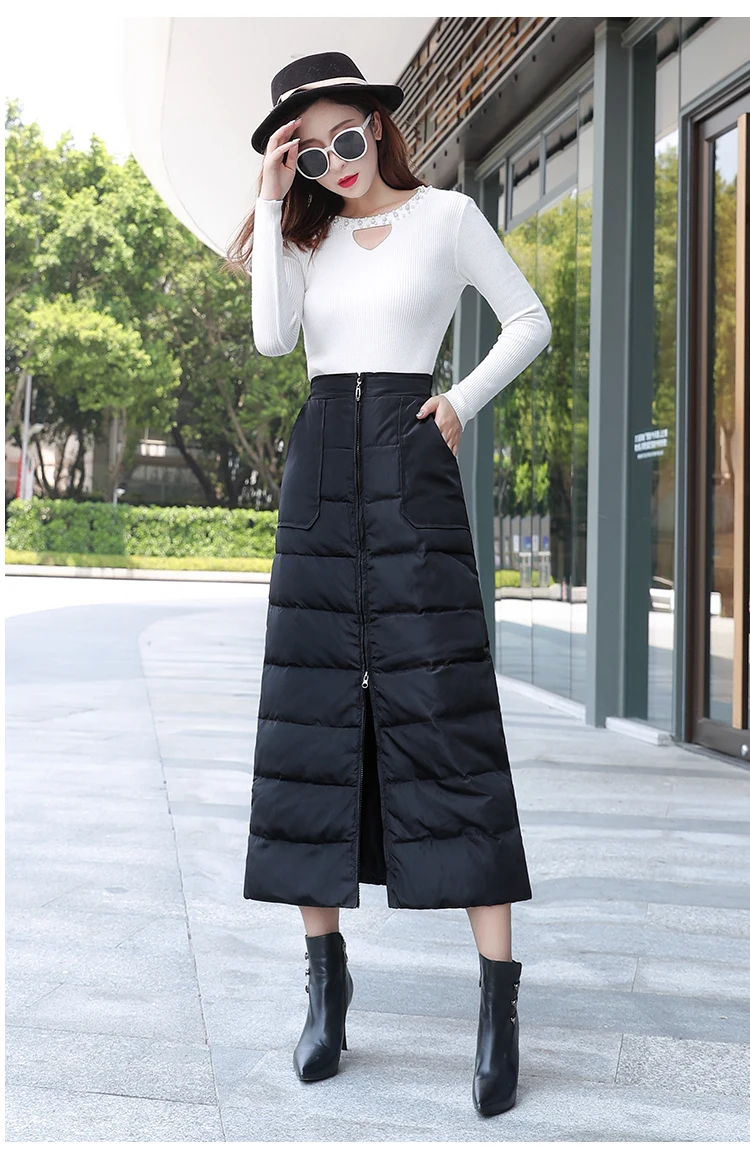 Winter Fall Fashion Women Elastic High Waisted Black Thick Warm Long Cotton Down Skirt Female Woman Padded Skirts