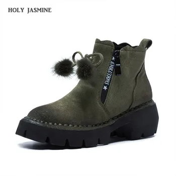 

New Genuine Leather Boots 2020 Autumn And Winter Pigskin Retro Round Toe Flat With Women Ankle Boots Cross-tied High (5cm-8cm)