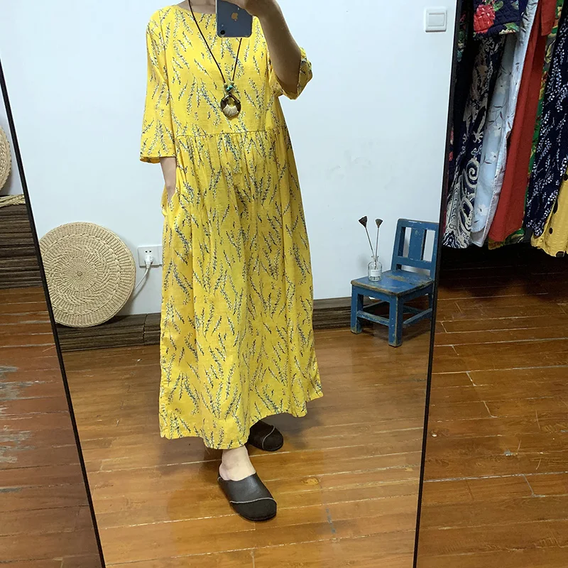 

Summer thin floral cotton slub cotton dress loose and comfortable half sleeve waist long ankle-length dress