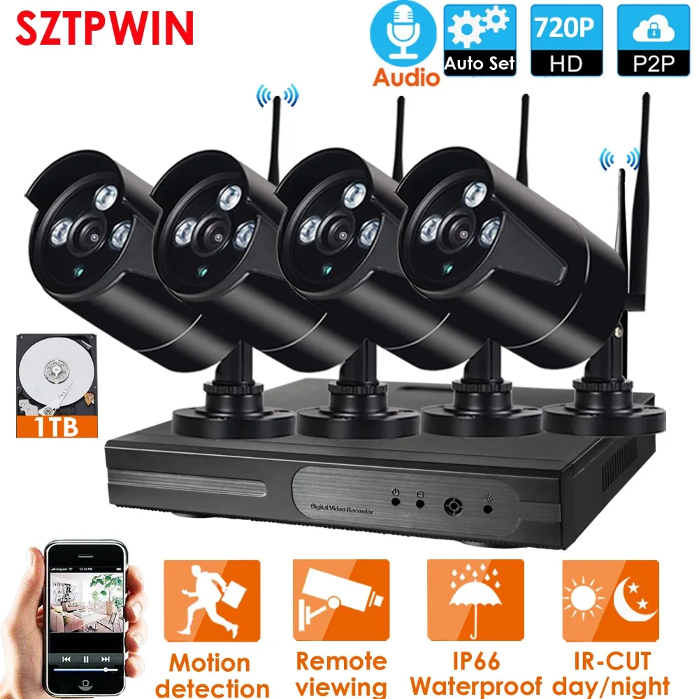 4CH 720P Аудио HD Беспроводной NVR комплект P2P 720P Крытый Открытый Черный ИК ночного видения безопасности 1.0MP аудио IP камера wifi CCTV система