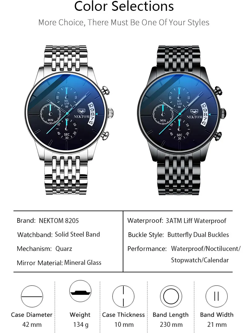Мужские водонепроницаемые часы NEKTOM Butterfly Snap Solid Steel Band со светящимися стеклами и 6