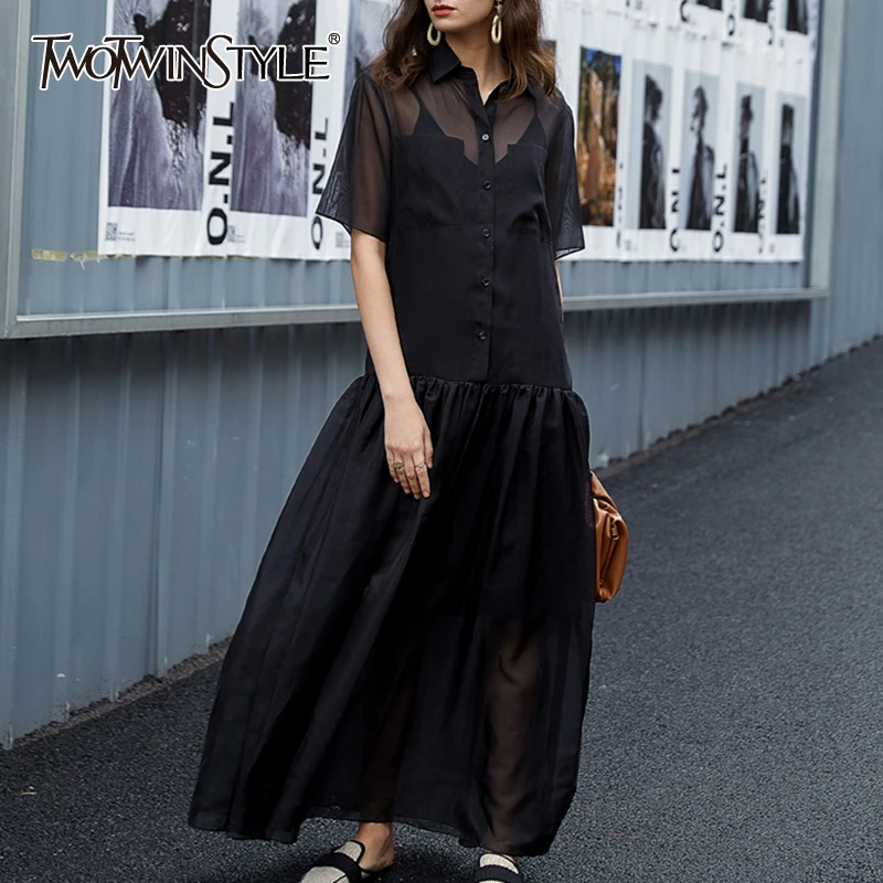 TWOTWINSTYLE Vintage Summer Dress Women Lapel Collar Half Sleeve High Waist Ruched Maxi Dresses Female Fashion Clothes 2020 Tide TWOTWINSTYLE Vintage Summer Dress Women Lapel Collar Half Sleeve High Waist Ruched Maxi Dresses Female Fashion Clothes 2020 Tide