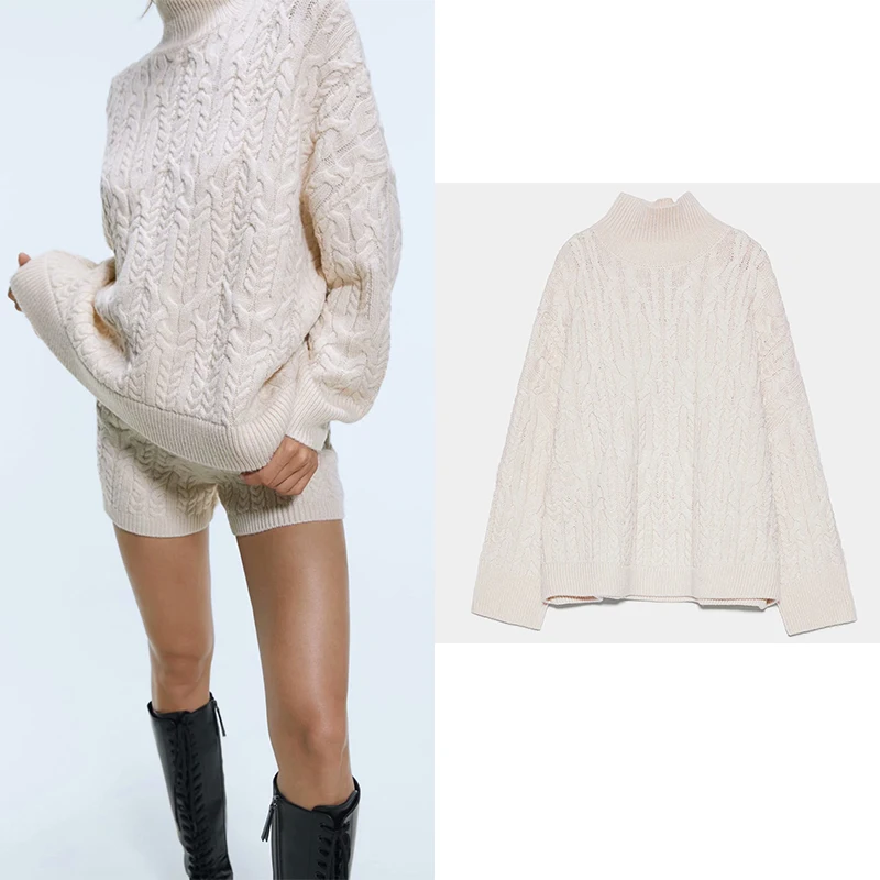 

za 2019 Star firefly solid long-sleeved loose knit sweater casual eight-strand knitted high-neck knitwear women pullovers tops