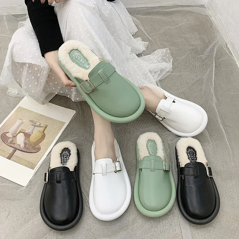 

Brand Winter Women Vintage Leather Muller Shoes Designer Girl Wool Outdoor Closed Toe Flip Flop Chic Female Warm Low Heels Shoes