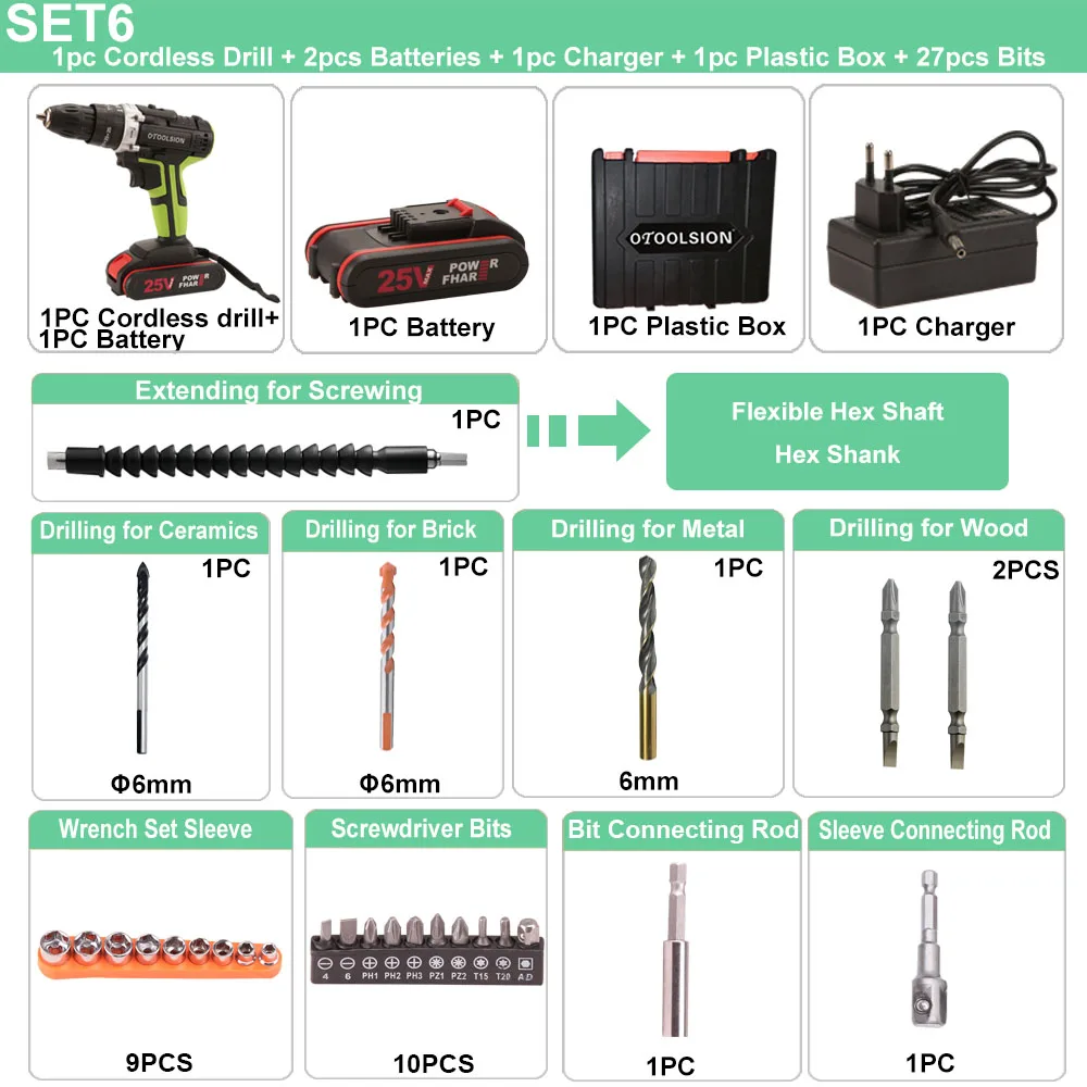 25V 48N.m Impact Battery Drill Cordless Screwdriver Power Tools Impact Electric Screwdriver Electric Impact Drills+27 Pcs Parts - Цвет: SET6 (2 pc battery)