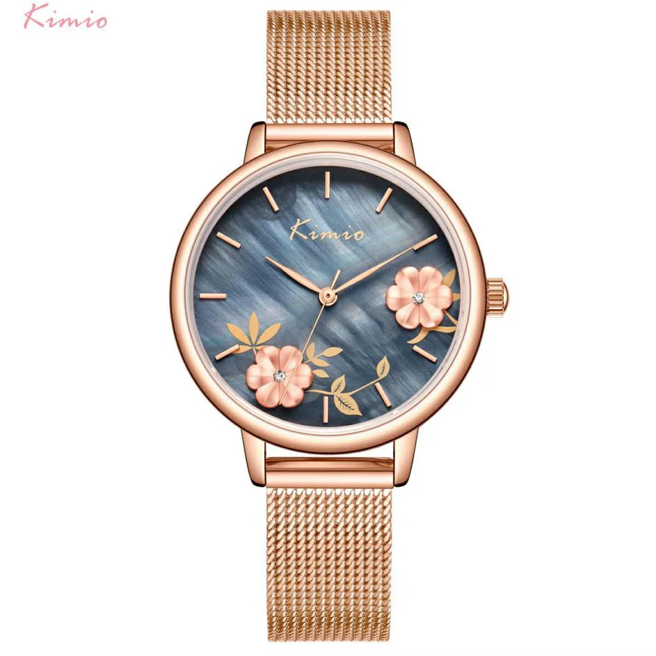 KIMIO Luxury Women Big Dial Watches Ladies Stainless Steel Mesh Belt Quartz Watch Embossed Waterproof Bracelet WristWatch - Цвет: KIMIO black watch