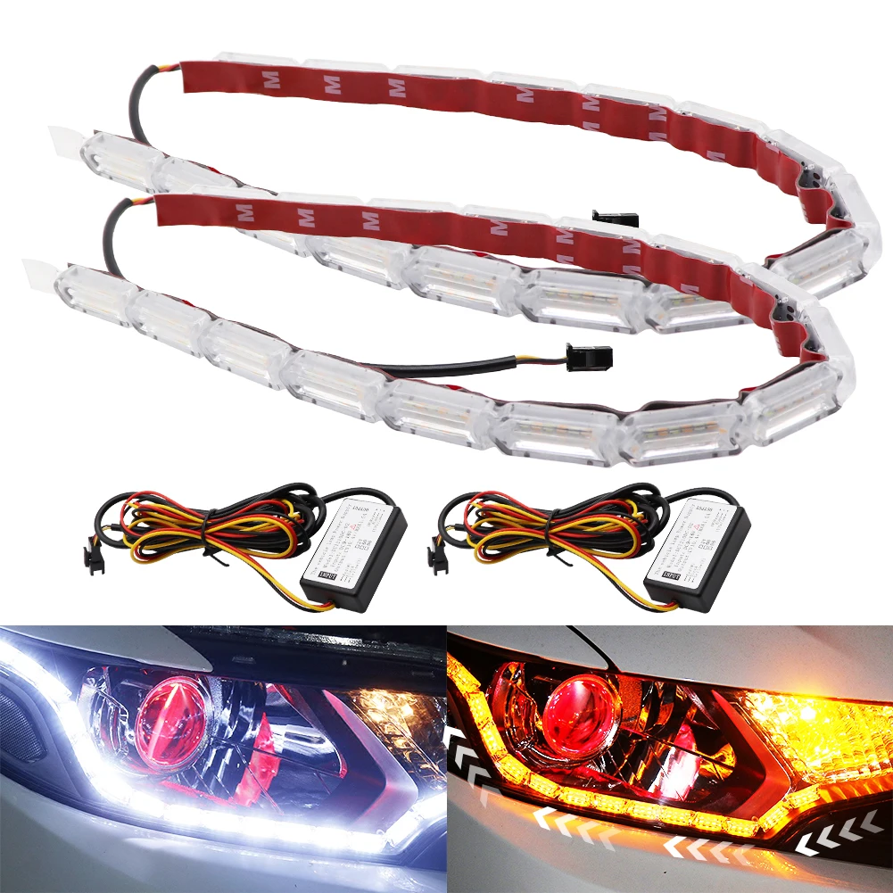2pcs DRL Flexible LED Strip Daytime Running Lights Turn Signal Flowing White Yellow Car Auto Front Headlamp Driving Lights 9-16V