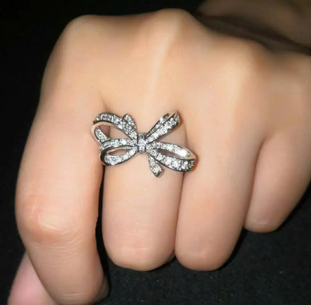 

Utimtree New Full Clear Micro Cubic Zirconia Bowknot Rings for Women White Gold Color Wedding Engagement Ring Band Jewelry Gift