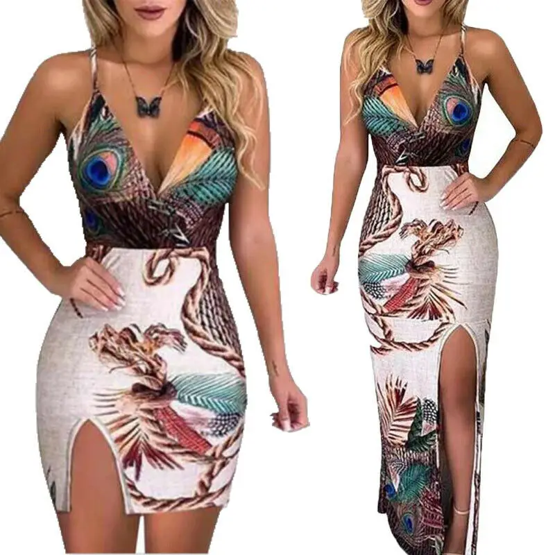 peacock feather print thigh slit slip dress