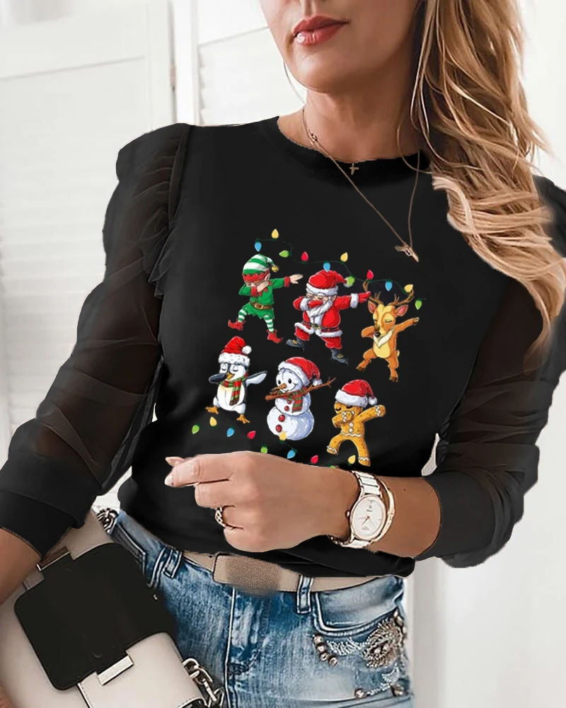 

Women Fashion Casual Long Sleeve Tops Sheer Mesh Splicing Blouse Feamle Christmas Snowman Santa Claus Print Tops