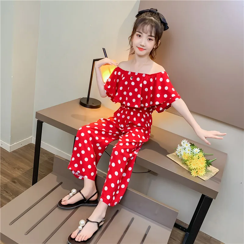 Black Red Dot Chiffon Jumpsuits Teenage 