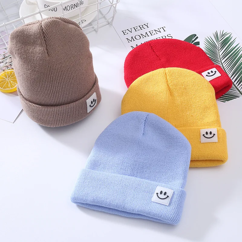 

Children Baby Hat Autumn And Winter New Style Solid Color Labeling Smiley Yarn Set of Head Cap Cartoon Cotton Yarn Knitted Hat F