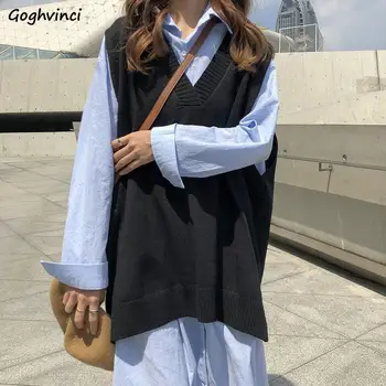 סוודר אפוד נשים מוצק V-צוואר Loose בתוספת גודל 3XL פשוט קלאסי אלגנטי משרד גבירותיי וסטים Ulzzang שיק פנאי חדש סריגה