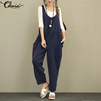 

Celmia 2020 Women Cotton Linen Jumpsuits Summer Casual Sleeveless Vintage Playsuits Long Trousers Dungarees Plus Size Overalls
