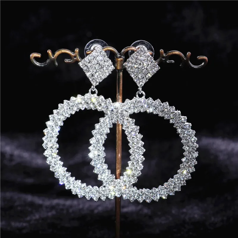 

Exaggerated Shiny Crystal Rhinestone Big Geometric Hollow Round Hanging Earring 2019 Ladies Night Club Drop Earrings for Women