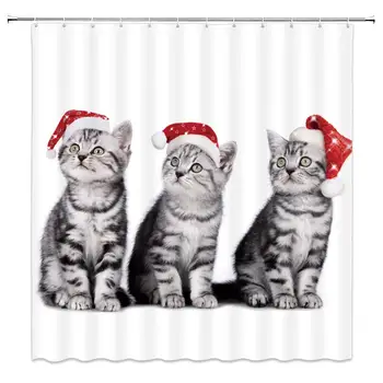 

Christmas Cat Shower Curtain Cute Gray Kitten with Christmas Hat Lovely Pet Fabric Bathroom Decor Curtain with Hooks Inch