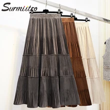 Женская макси бархатная юбка SURMIITRO, зеленый черный и белый цвета длинная плиссированная юбка с завышенной талией в корейском стиле для женщин осень зима