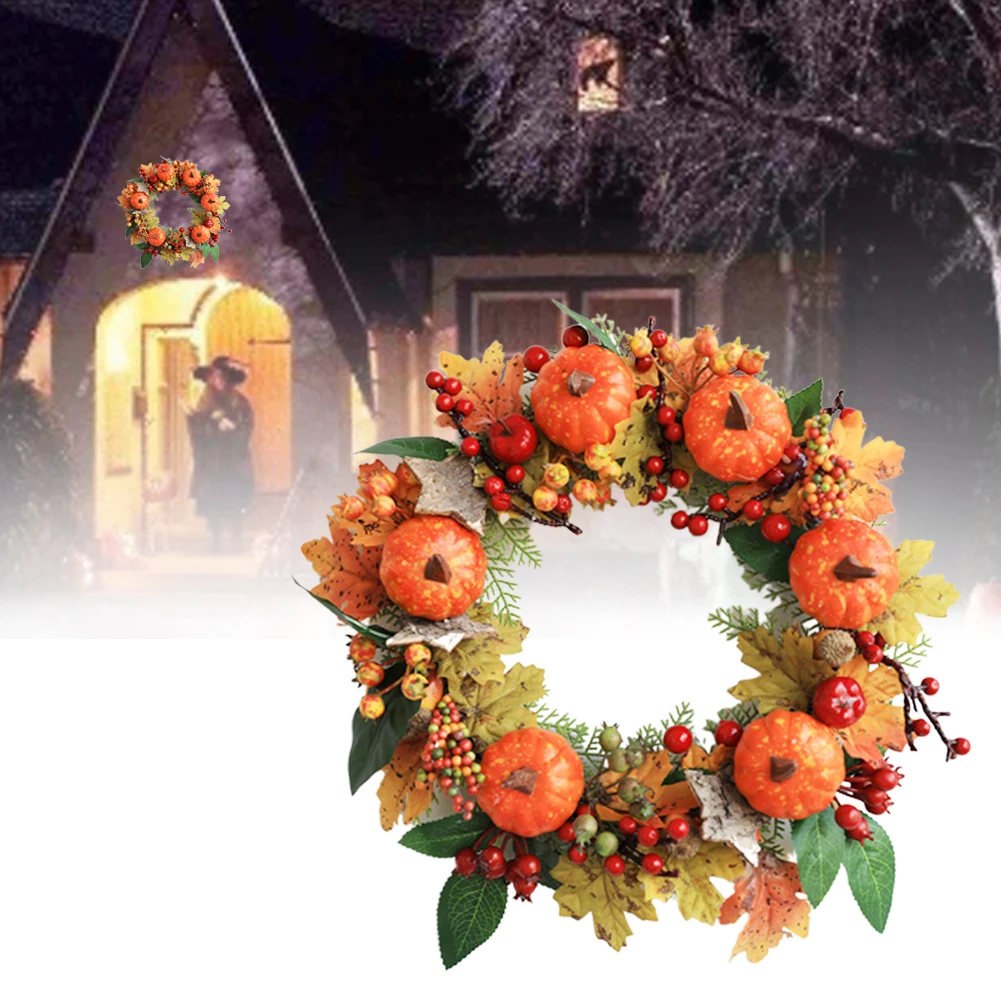 

Halloween Vivid Autumn Fall Party Round Front Door Maple Leaves Artificial Wreath Hanging Window Pumpkin Wall Christmas