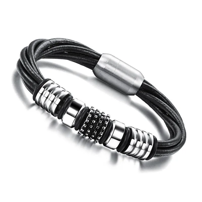 

MD Stainless Steel Magnetic Buckle Bracelet Manually Woven Leather Twisted Bracelet