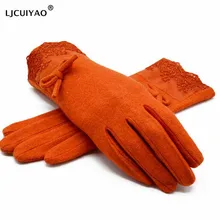 LJCUIYAO, женские, мужские перчатки, теплые, зимние, вязаные, полный палец, перчатки, варежки, для девушек, женская, шерстяная перчатка, шерсть, плюш, бант, высокое качество